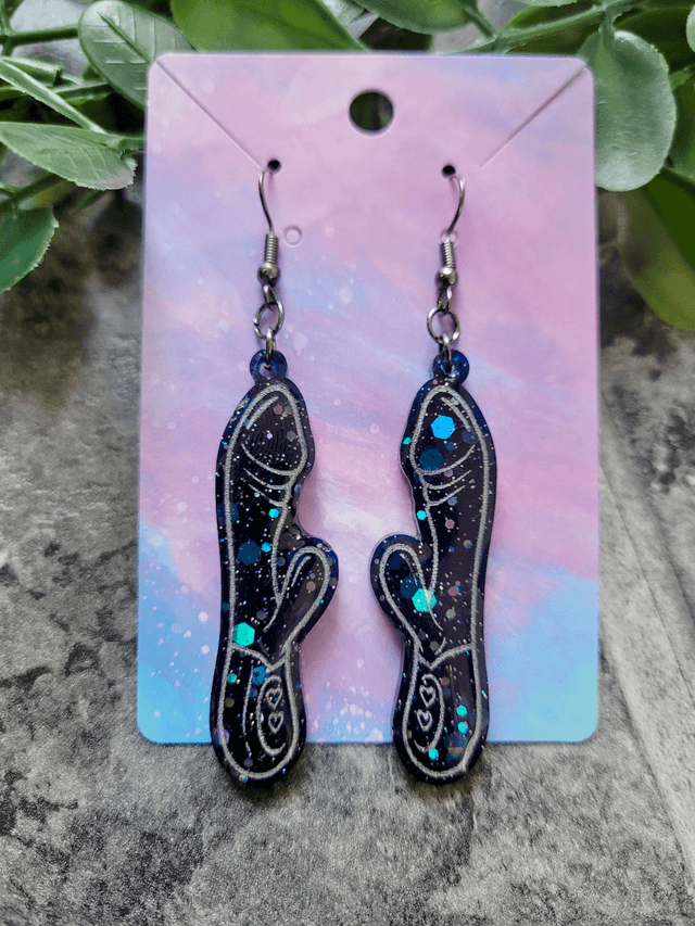 Earrings | Midnight Navy Blue Black Glitter Rabbit Vibrator Earrings | Stainless Steel Hooks