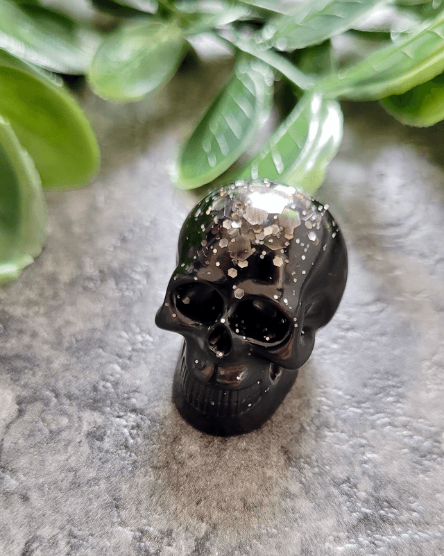 Skull Ornament - Mini - Black & Silver Glitter