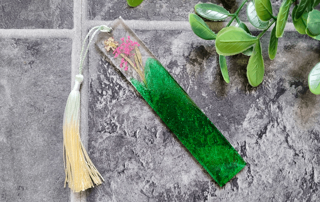 Green Glitter Floral Bookmark - Dried Flowers