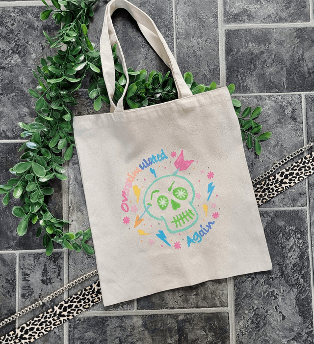 Pastel Hand-Painted “Overstimulated Again” Tote Bag