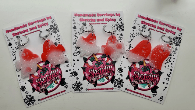 Earrings | Red and White Bloody Ghost Earrings with Silver Glitter | Stainless Steel Leverback Hoops