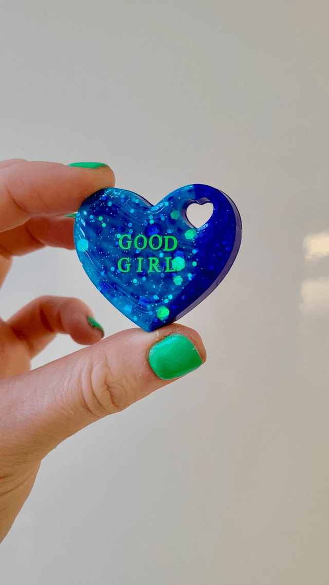 GOOD GIRL Blue Glitter Swirl Heart Resin Pin Badge