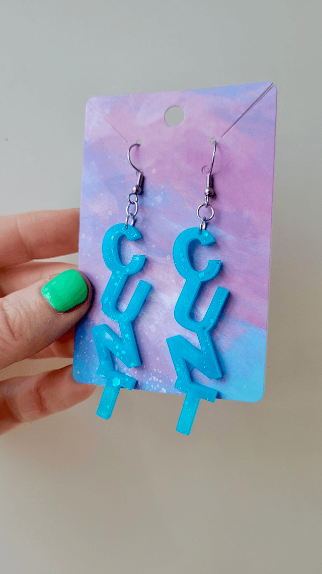 Earrings- CUNT Earrings - Sweary Teal Blue Glitter | Stainless Steel Hooks
