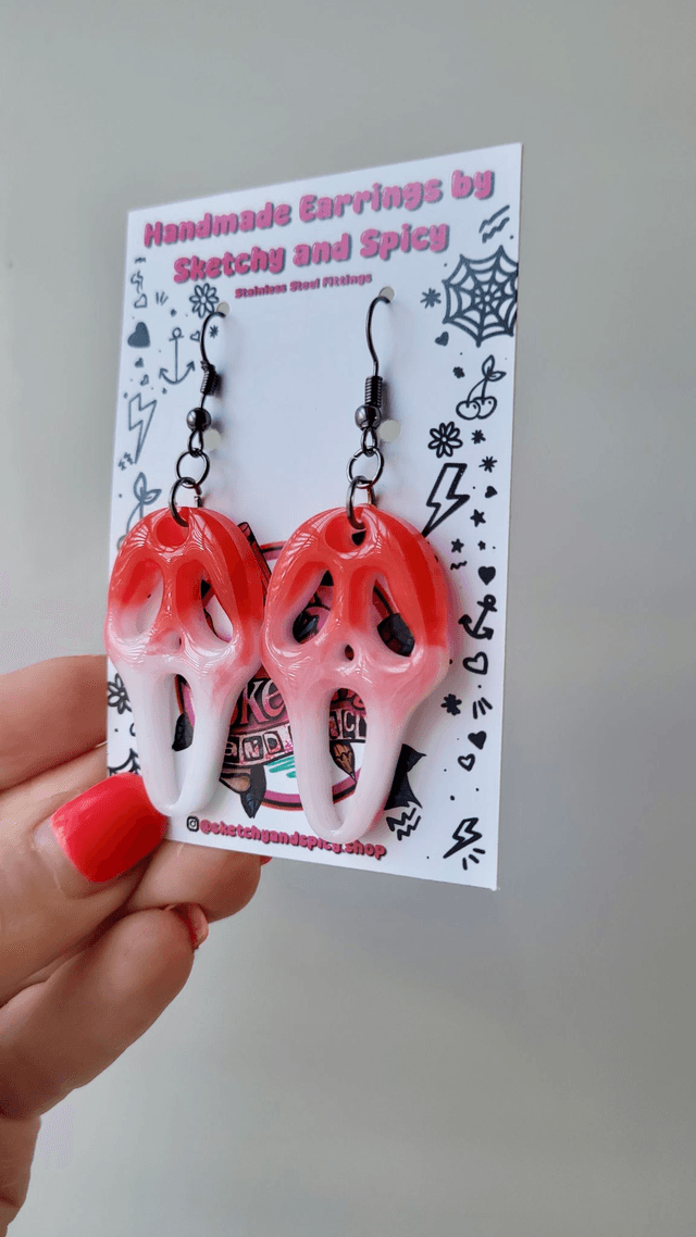 Earrings | Bloody Ghostface Scream Earrings - White Bloody | Stainless Steel Hooks