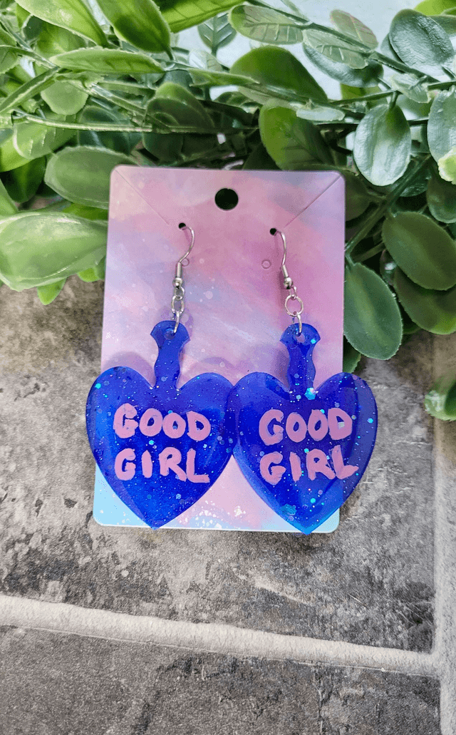 Earrings | GOOD GIRL Dark Blue Glitter Heart Paddle Earrings - Pink and Black Swirl Glitter  | Stainless Steel Hooks