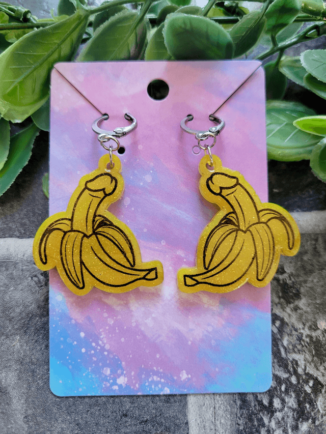 Earrings | Yellow Glitter Penis Bananas - Various Designs & Fittings | Stainless Steel Hooks or Hoops