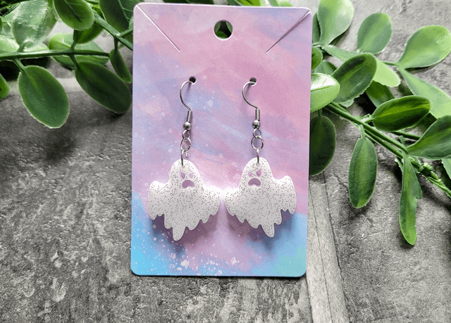 Earrings | Angry Ghost - White with Silver Glitter | Stainless Steel Hooks or Hoops