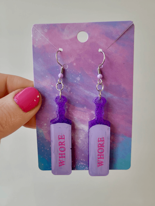Earrings | WHORE Purple Glitter Paddle Earrings | Stainless Steel Hooks