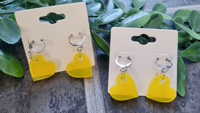 Earrings | Zesty Lemon Yellow Glitter Hearts | Stainless Steel Hoops