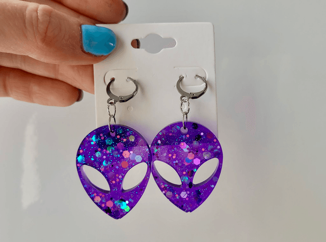 Earrings | Purple Glitter Alien Head | Stainless Steel Hoops