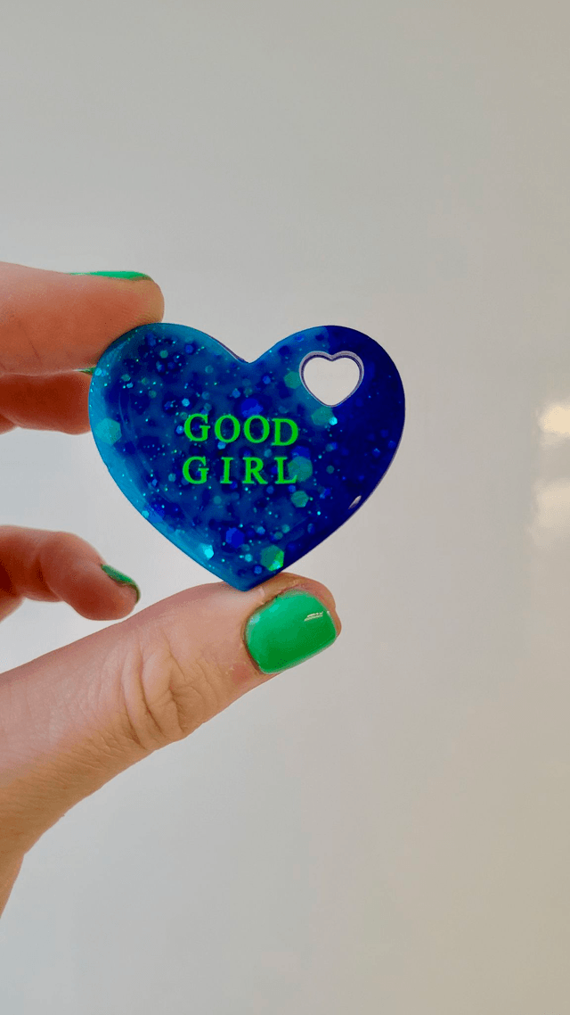GOOD GIRL Blue Glitter Swirl Heart Resin Pin Badge