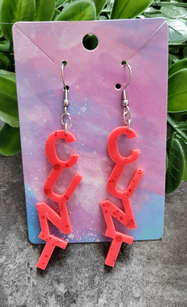 Earrings- Light Red Glitter CUNT Swear Earrings | Stainless Steel Shepherd Hooks