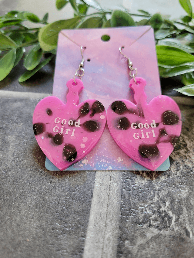 Earrings | Good Girl Heart Paddle Earrings - Pink and Black Swirl Glitter  | Stainless Steel Hooks