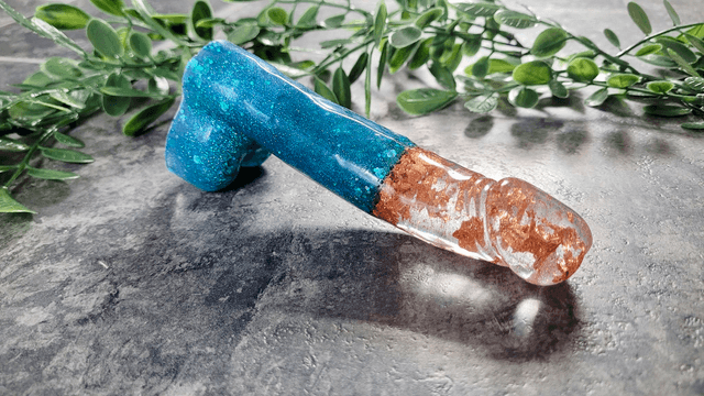 Penis Ornament -Blue Glitter & Copper Leaf Split - Medium 14.5cm