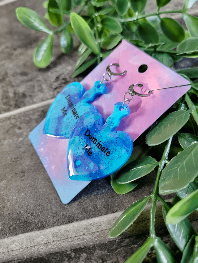 Earrings | Blue Tie-Dye Swirl Dominate Me Heart Earrings - Stainless Steel Leverback Hoops
