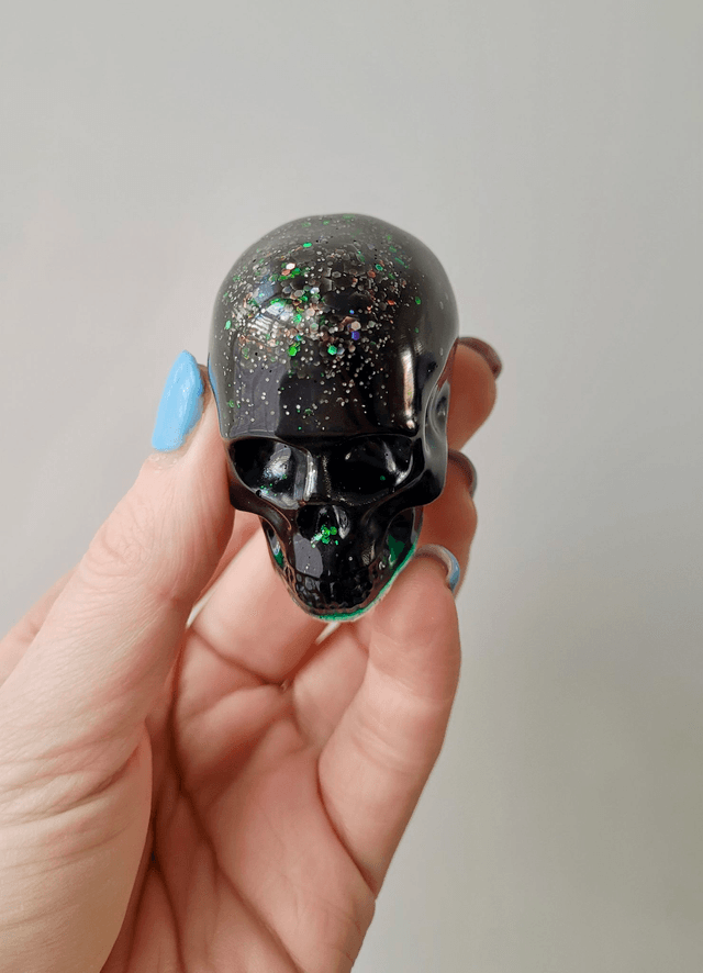 Skull Ornament - Medium - Black with Silver & Green Glitter