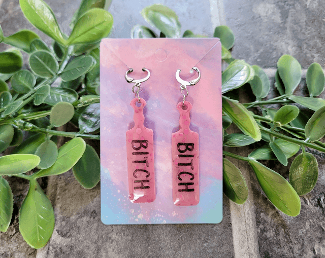 Earrings | Pink Glitter Bitch Earrings | Stainless Steel Hoops