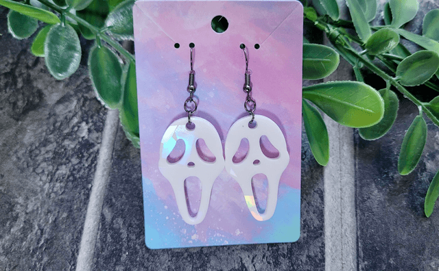 Earrings | Ghostface - Scream - White Holographic Earrings | Stainless Steel Hooks - Gunmetal Black