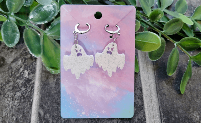 Earrings | Angry Ghost - White with Silver Glitter | Stainless Steel Hooks or Hoops