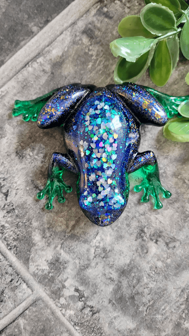 Frog Ornament – Glitter Hearts, Blue, Black & Green