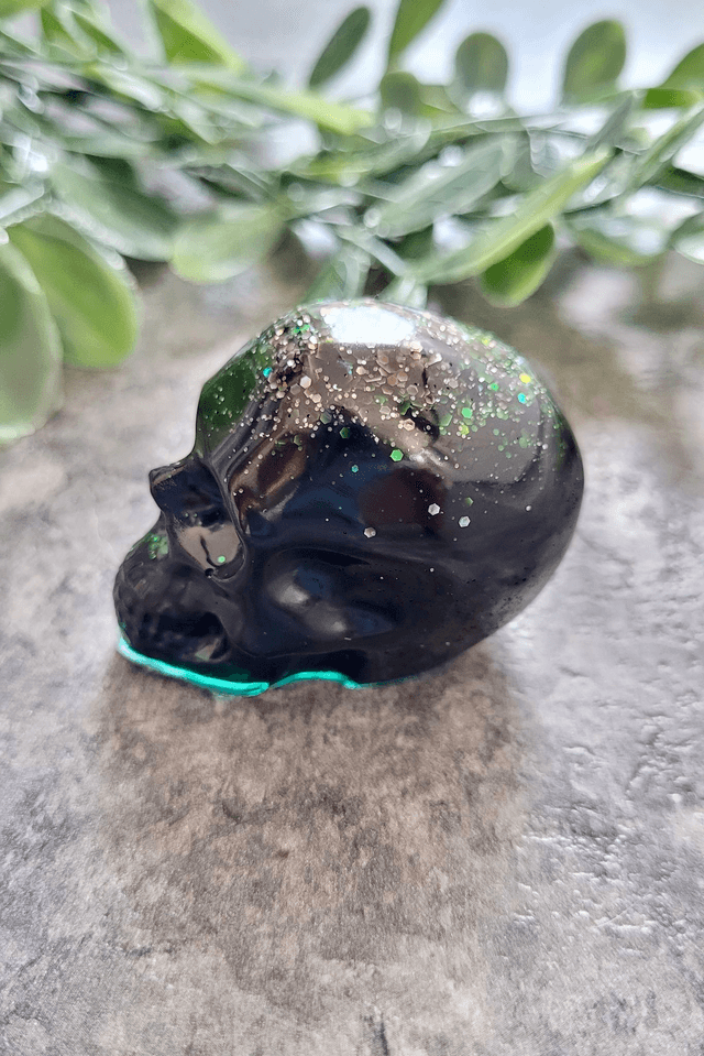 Skull Ornament - Medium - Black with Silver & Green Glitter