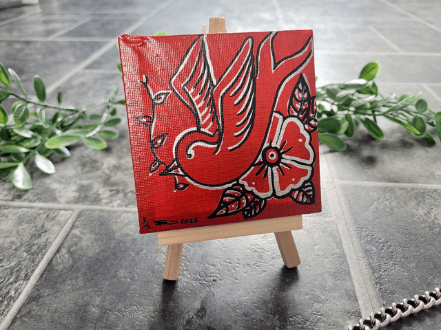 Original Mini Canvas Painting - Swallow & Flower
