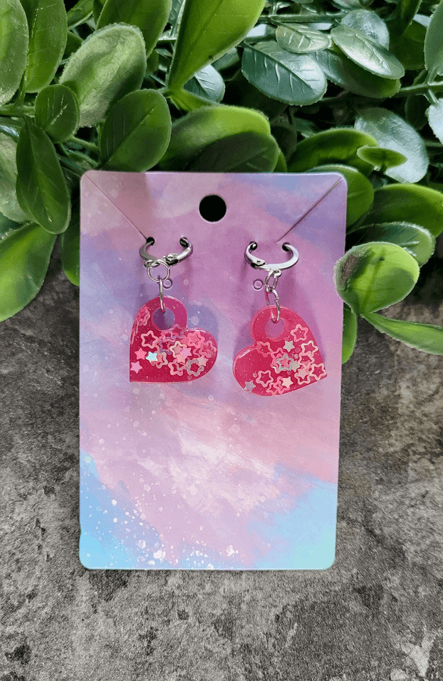 Earrings | Pink Star Glitter Hearts | Stainless Steel Lever back Hoops