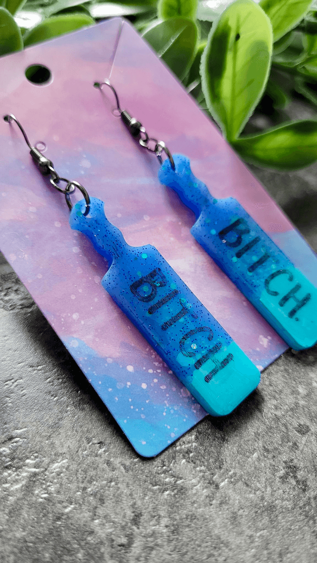 Earrings | Dark Blue-Light Blue Holographic Glitter BITCH earrings  | Stainless Steel Gunmetal Black Hooks