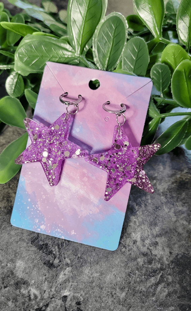 Earrings | Lilac Purple Glitter Stars | Stainless Steel Lever Back Hoops