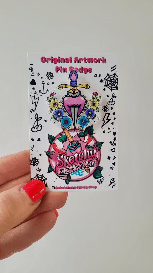 Floral Heart & Dagger Acrylic Pin Badge – Original Art Pin