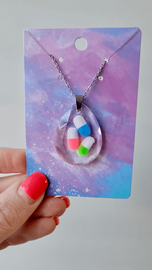 Clear Pill Necklace - Stainless Steel Extender Chain 40cm + 5cm