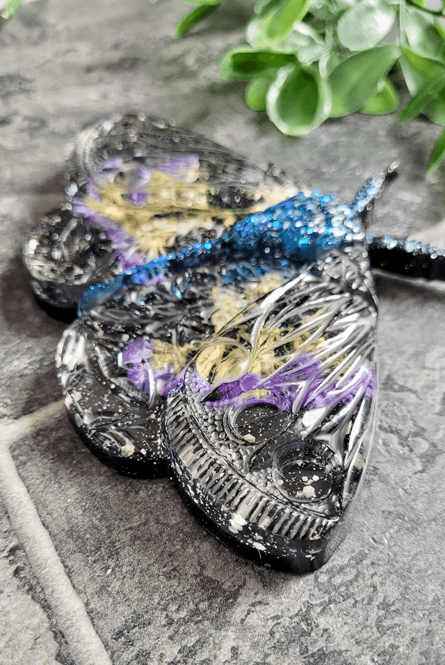 Moth Wall Hanging - Black Glitter, Purple Real Dried Flowers - Midnight Blue Body