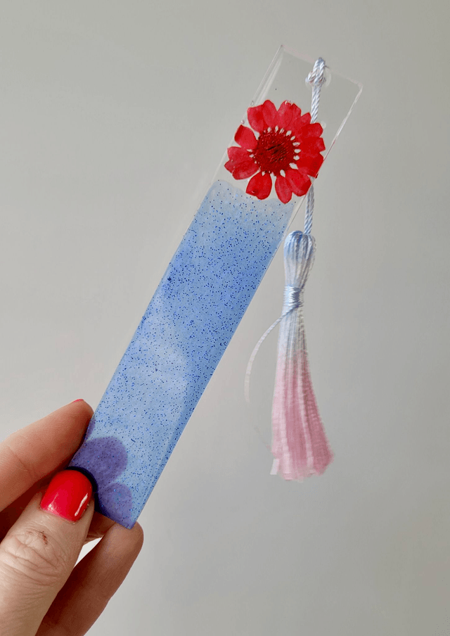 Blue Glitter Floral Bookmark - Dried Flowers