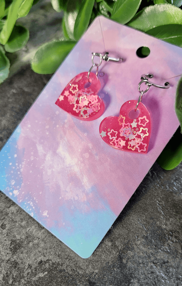 Earrings | Pink Star Glitter Hearts | Stainless Steel Lever back Hoops