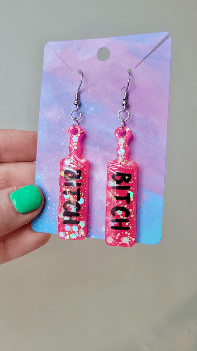 Earrings | Bright Pink Glitter BITCH Earrings | Stainless Steel Hooks
