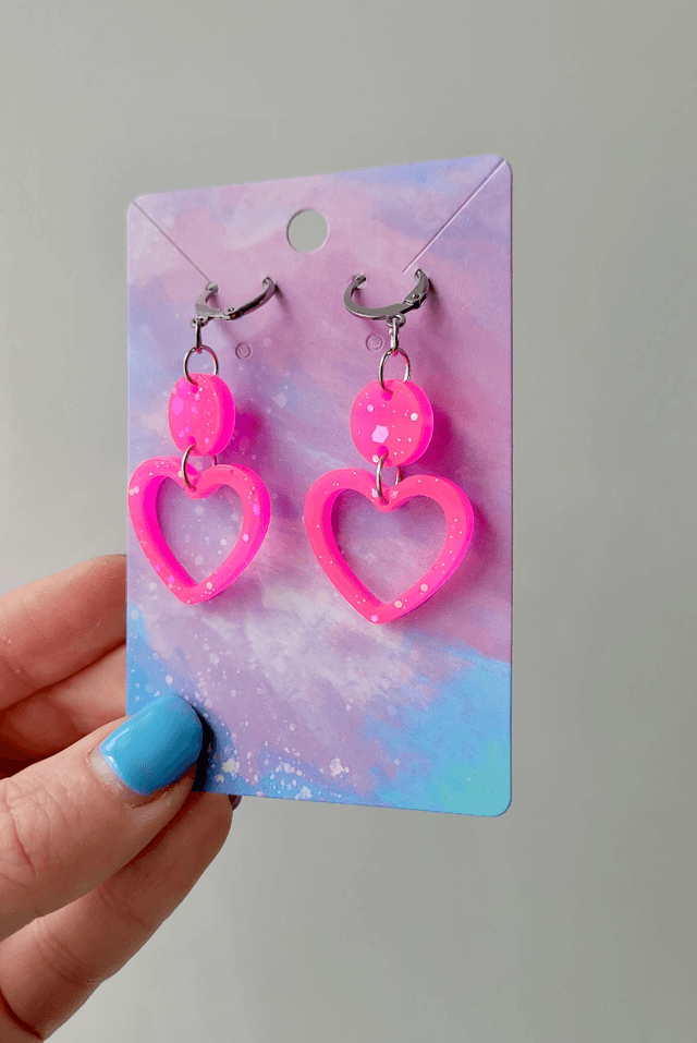 Earrings | Pink Glitter Hearts | Stainless Steel Hoops