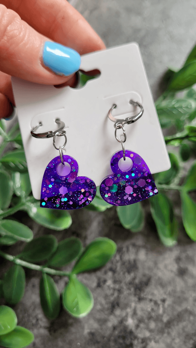 Earrings | Purple Glitter Hearts | Stainless Steel Hoops