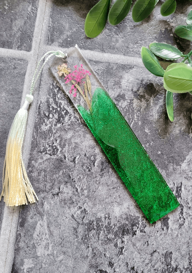 Green Glitter Floral Bookmark - Dried Flowers