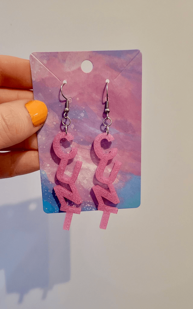 Earrings- Light Pink Glitter CUNT Swear Earrings | Stainless Steel Shepherd Hooks