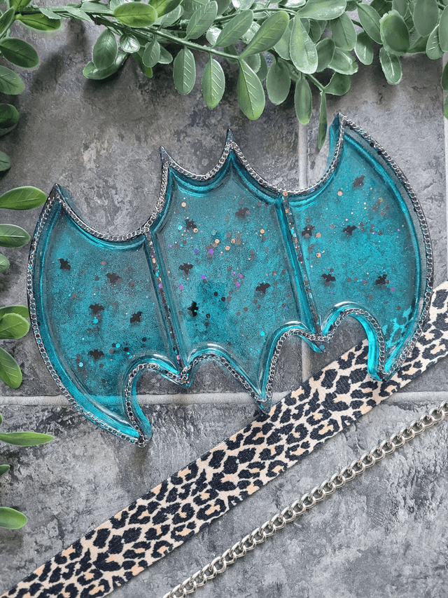 Trinket Tray - Large Bat Shape - Blue with bat charms and silver chain detail