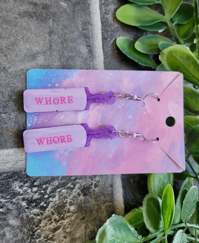 Earrings | WHORE Purple Glitter Paddle Earrings | Stainless Steel Hooks