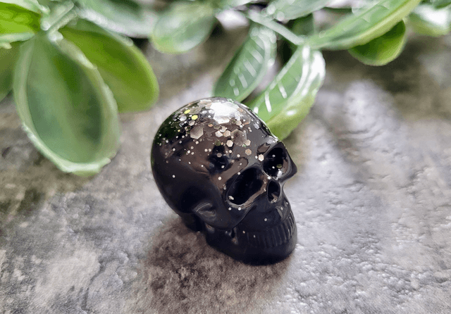 Skull Ornament - Mini - Black & Silver Glitter