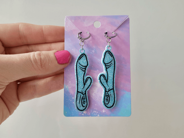 Earrings | Light Blue Glitter Rabbit Vibrator Earrings | Stainless Steel Hoops