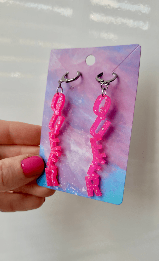 Earrings- Bright Pink Glitter QUEER Earrings | Stainless Steel Leverback Hoops