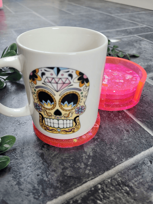 Coasters Set of 4 with Holder - Pink Glitter