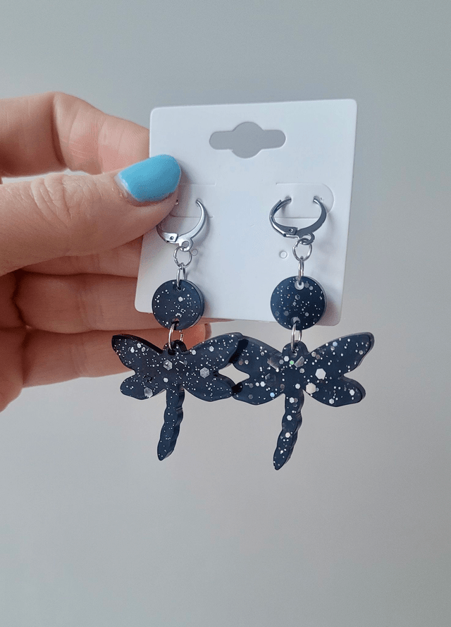Black Dragonfly Glitter Earrings – Gothic Statement Jewellery