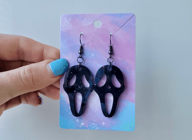 Earrings | Ghostface Scream Earrings - Black Holographic | Stainless Steel Hooks - Gunmetal Black