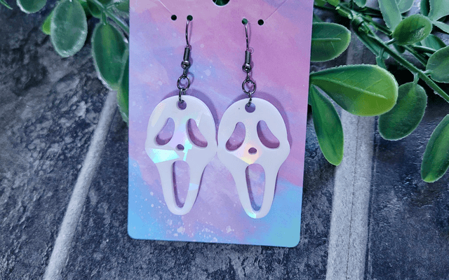 Earrings | Ghostface - Scream - White Holographic Earrings | Stainless Steel Hooks - Gunmetal Black