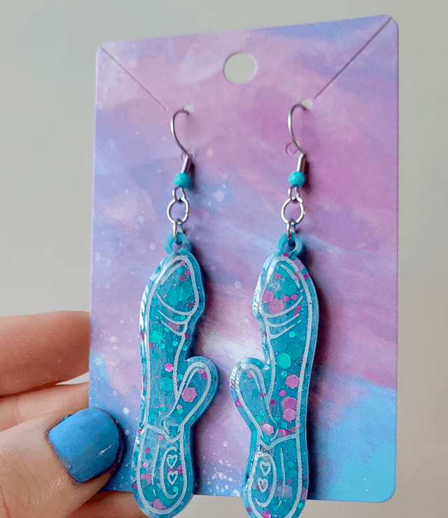 Earrings | Blue & Purple Glitter with White Outline Rabbit Vibrator Earrings | Stainless Steel Hooks & Colour Bead