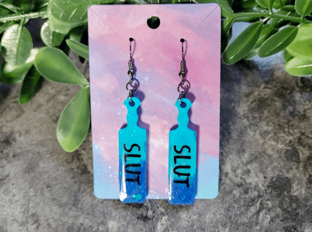 Earrings | SLUT Blue Glitter Dipped Paddle Earrings | Stainless Steel Gunmetal Hooks